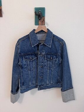 Alexander Wang Rounded Trucker Denim Jacket Blue Crystal Cuff Women’s Size S